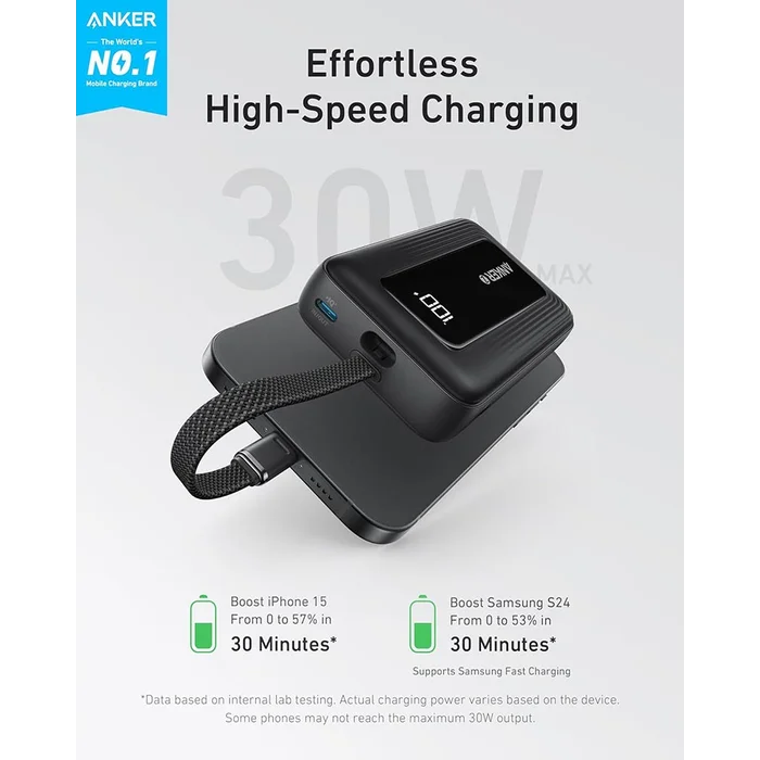 Anker Power Bank (10K, 30W, Built-in USB-C Cable) Black - Image 2