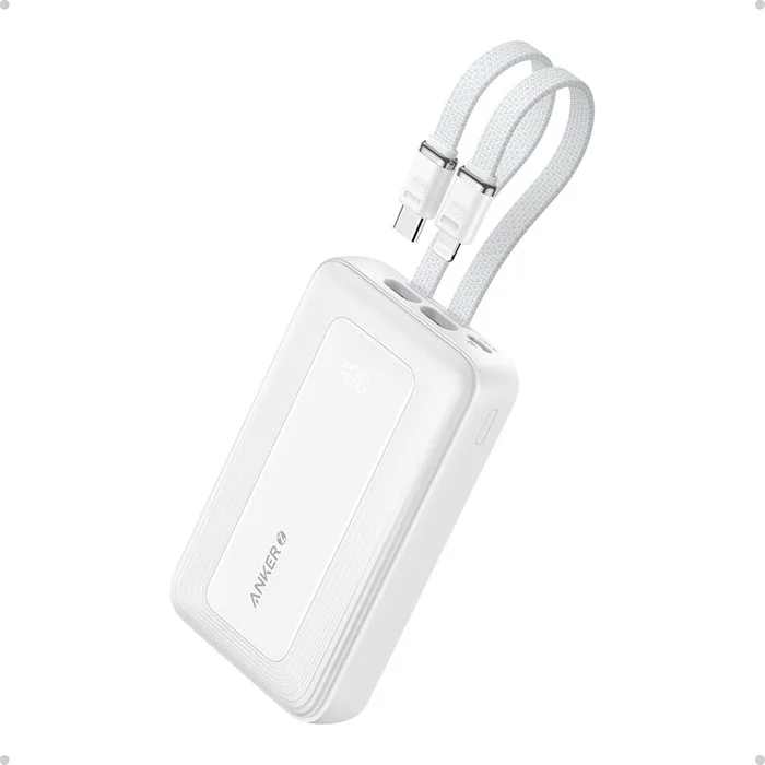 Anker Power Bank (10K, 30W, Built-in USB-C + Lightning Cable) White