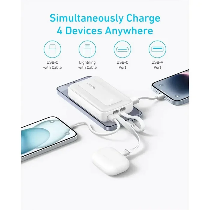 Anker Power Bank (10K, 30W, Built-in USB-C + Lightning Cable) White - Image 2