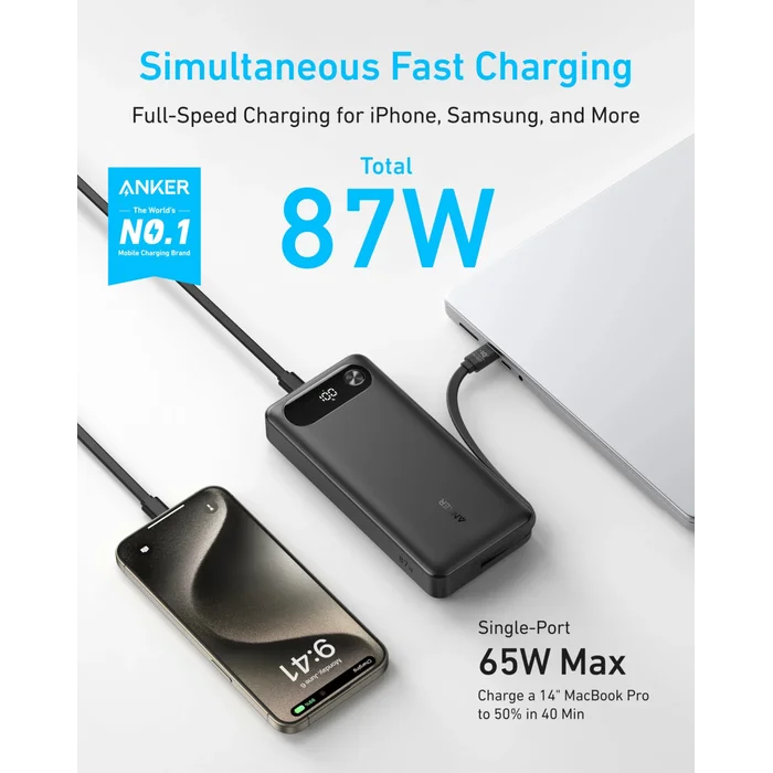 Anker Power Bank (20K, 87W, Built-in USB-C Cable) Black - Image 2