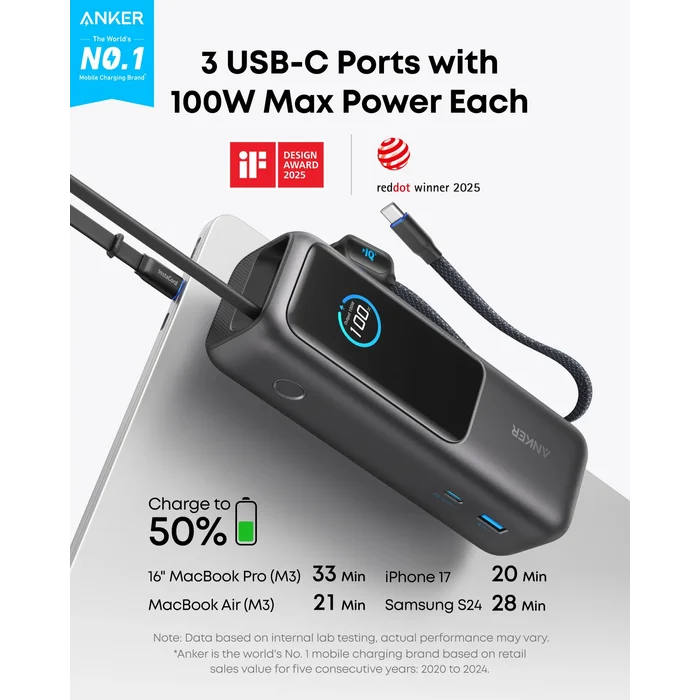 Anker Power Bank (25K, 165W, Built-in USB-C and Retractable Cable) - Image 2