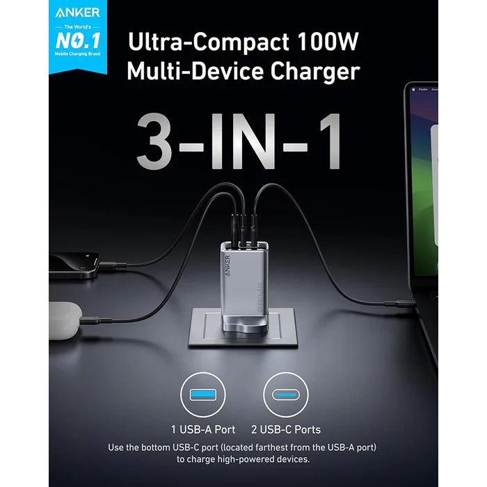 Anker Prime Charger (100W, 3 Ports, GaNPrime) Silver - Image 2