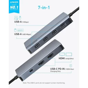 Anker USB-C Hub (7-in-1, Dual Display) Gray