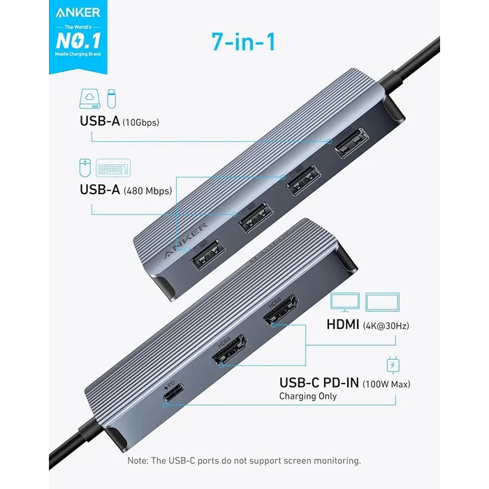Anker USB-C Hub (7-in-1, Dual Display) Gray